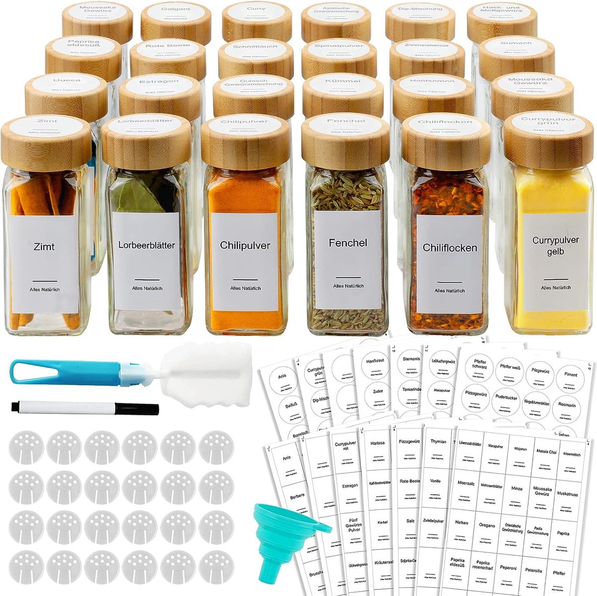 Kruidenpotjes 24 stuks vierkante glazen kruidenpotjes met strooi-inzetstuk 113 gram set met 398 etiketten 120 ml kruidenpotjes set kruidenstrooier 1 siliconen trechter 1 borstel en krijtstift voor de keuken bamboedeksel