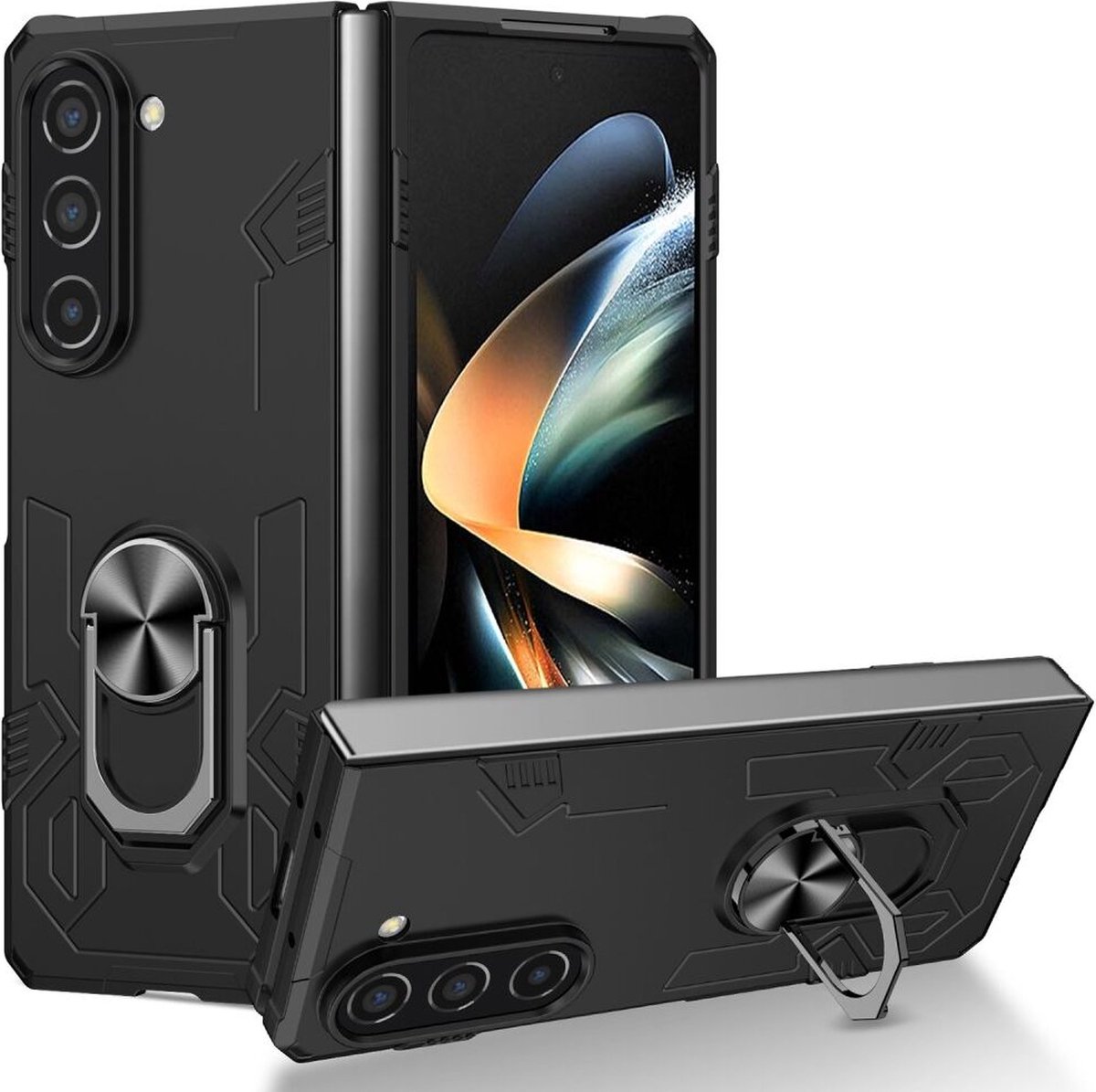 Geschikt voor Samsung Galaxy Z Fold 5 Hoesje met Magnetische Kickstand Ring Zwart