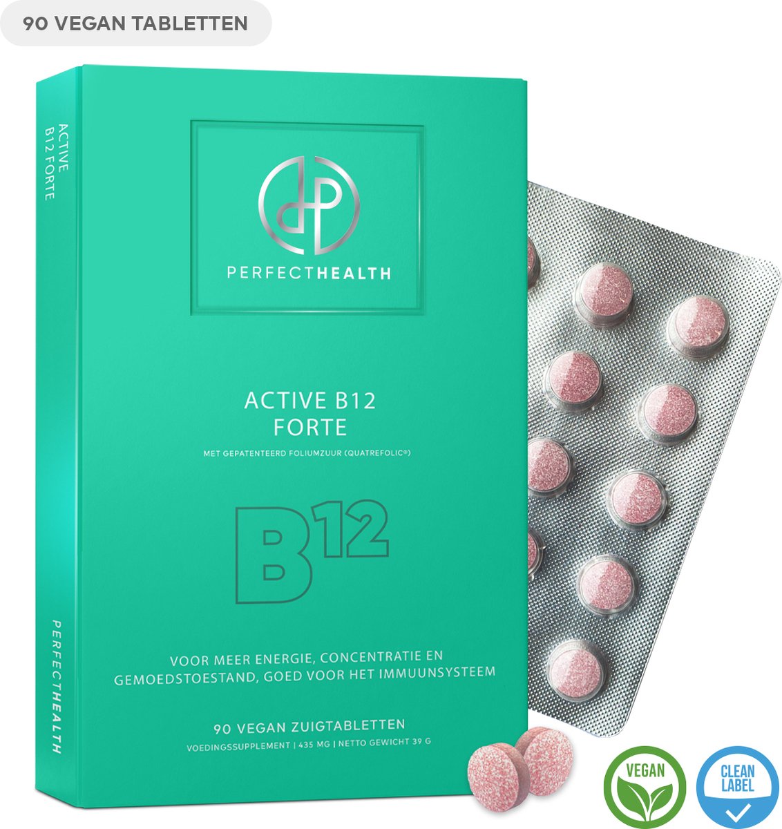 Perfect Health - Active B12 Forte - Energie, concentratie en immuunsysteem – Vitamine B12 - 1000mcg methylcobalamine - Hoog gedoseerd – 90 Vegan zuigtabletten