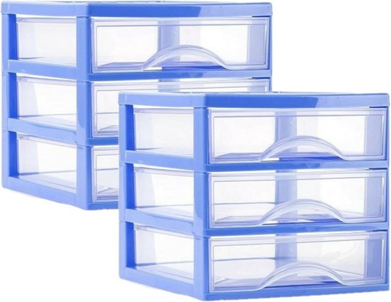 Plasticforte Ladeblokje/bureau organizer 2x lades - blauw/transparant - L18 x B21 x H17 cm - plastic