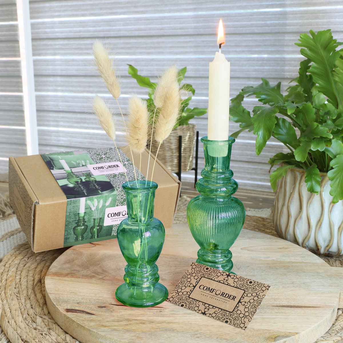 Kandelaar glas groen wit 11x11x7,5cm