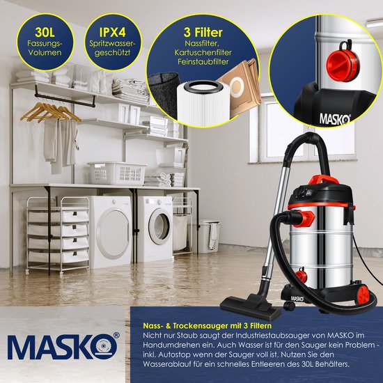 MASKO® 6-in-1 industriële stofzuiger, nat-droogzuiger, aszuiger, 2300 W stopcontact, blaasfunctie, droog- en natzuigen, industriële stofzuiger met en zonder zak, zakloos, blauw
