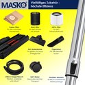 Overzicht van MASK-stofzuigeraccessoires: filters, borstels, slang en wielen.