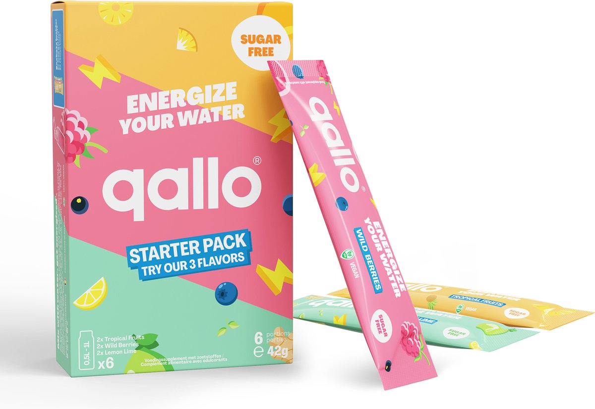 Qallo Energy Drink Poeder Starter Pack - 6 zakjes - Vegan Suikervrije Energizer - Met Vitamine B - Inhoud 6 x 7gr