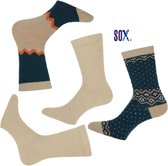 SOX superzachte warme fijne Noorse wollen sokken met dessin Petrol/Beige Mix en effen 4 PACK 37/42