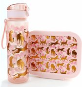 Luipaard broodtrommel + drinkfles Roze met Goud | Vrolijke bentobox lunchbox met drinkbeker voor kinderen | Waterfles BPA vrij | LS34