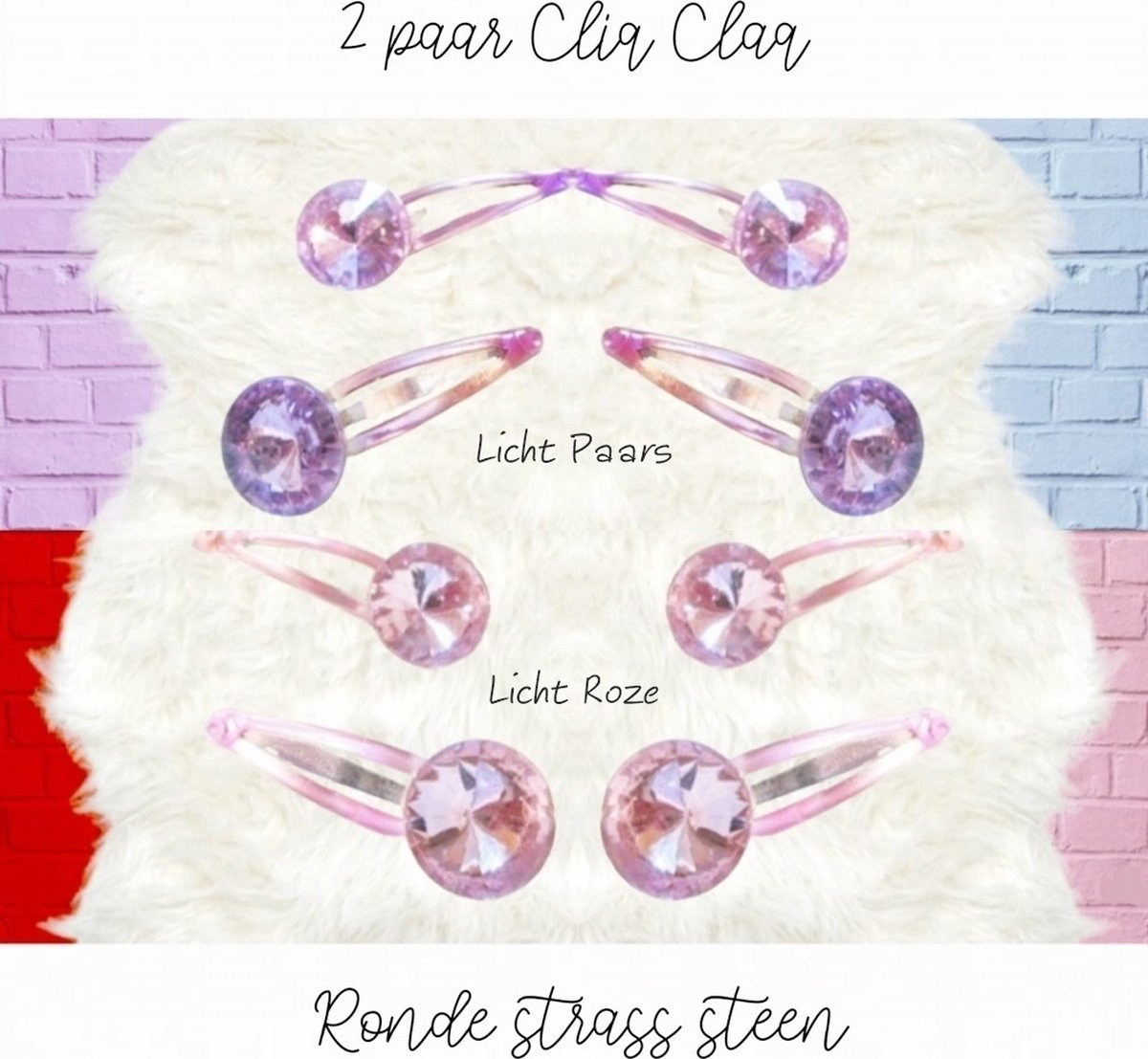 LFA - Haarspeldjes / haarknipjes / clips / cliq claq / klik klak met Bling crystal - Grote rivoli strass steen - Rond - 4 paar in 2 kleuren (8 stuks) - Licht Paars Licht Roze - Kinderen - Tieners - Volwassenen