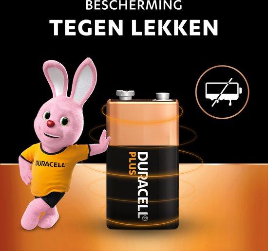 Duracell Plus 9V batterij met roze Duracell konijn, "bescherming tegen lekken" symbool.
