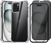 Hoesje geschikt voor iPhone 15 - Privacy Screen Protector FullGuard - Back Cover Case ShockGuard Transparant & Screenprotector