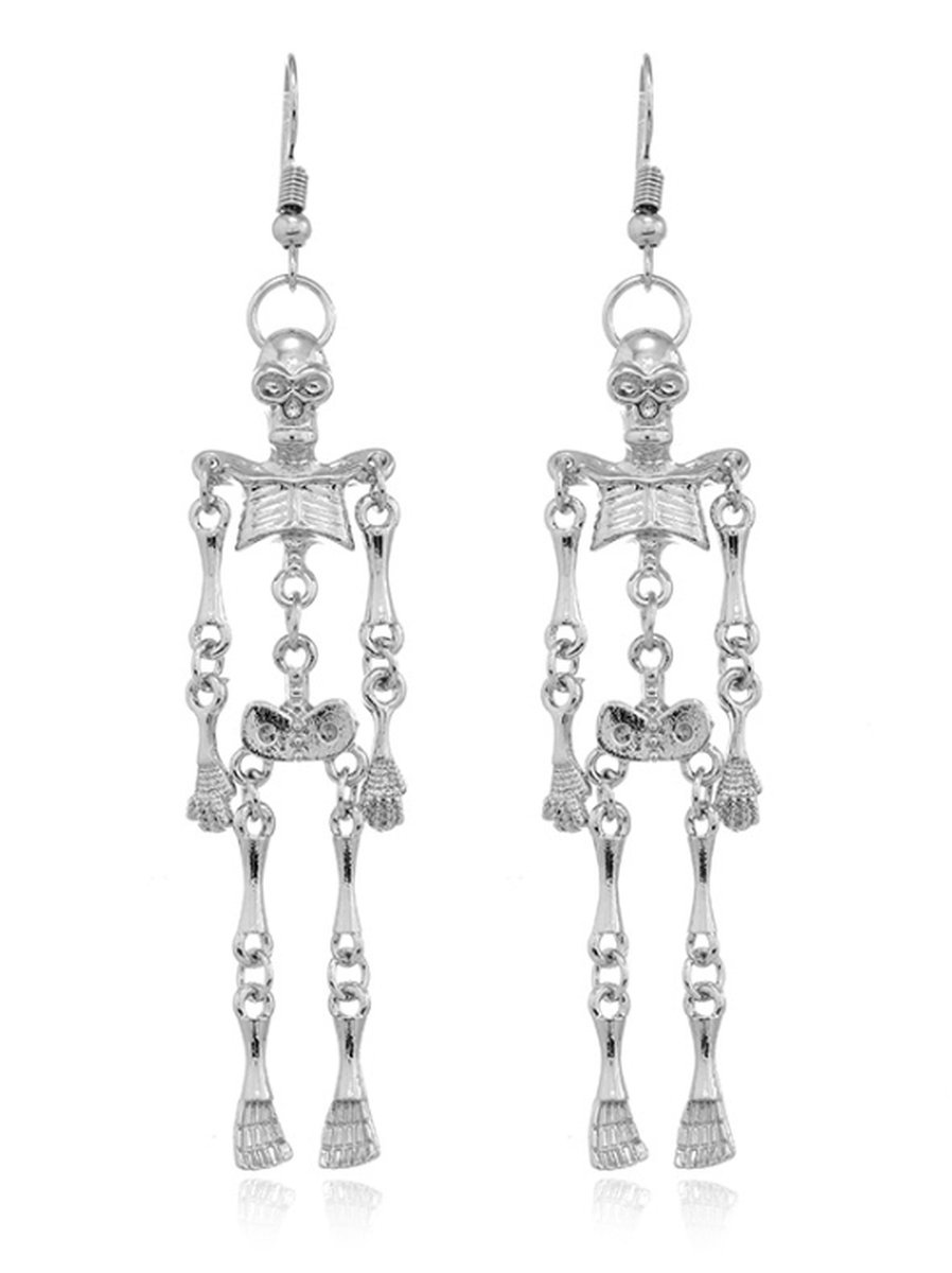 Plux Fashion Skelet Oorbellen - Zilver - 9cm - Metaal - Heren - Dames - Sieraden - Zilveren Oorbellen - Oorhangers - HipHop oorbellen - Sieraden Cadeau - Luxe Style - Duurzame Kwaliteit - Halloween - Oktoberfeest - Kerst - Halloween kostuum