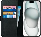 Rosso Deluxe Echt Leer Book Case Hoesje Geschikt voor Apple iPhone 15 Plus | Ruimte voor drie pasjes | Portemonnee Book Case | Met Pasjeshouder | Zwart