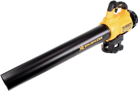 Gele DeWalt accu bladblazer met lange zwarte buis met 'XR BRUSHLESS' tekst.