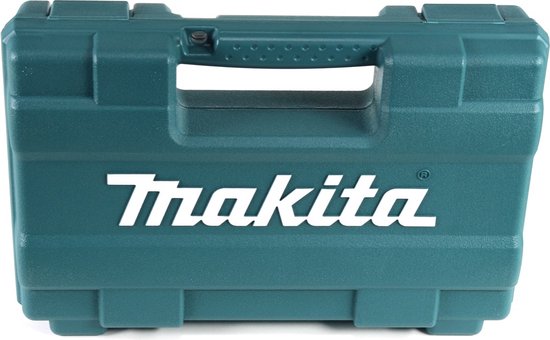 Gesloten turquoise Makita koffer.