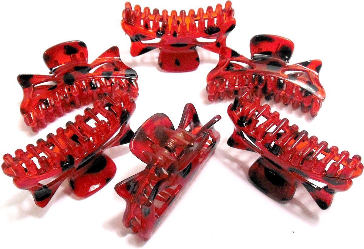 6 haarklemmen strik-vorm 6 cm bruin met zwarte vlekken