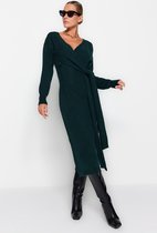 Trendyol Vrouwen Lage mouw Cache-coeur Dubbele borst Smaragdgroene maxi-gebreide jurk met zachte textuur, dubbele rij knopen en kraag TWOAW21EL0263