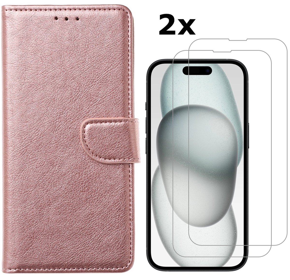 Hoesje Geschikt voor iPhone 15 Plus hoesje bookcase met 2x screenprotector – Rosegoud