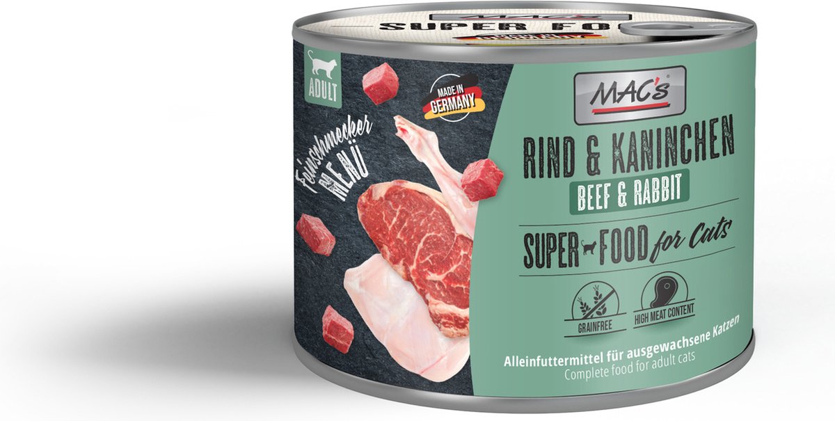MACs MAC's Superfood Kattenvoer Fijnproever Natvoer Blik - Rund & Konijn 6x 200g hoog vers vleesgehalte van 99%