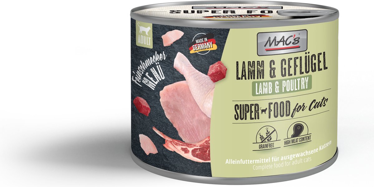 MACs MAC's Superfood Kattenvoer Fijnproever Natvoer Blik - Lam & Gevogelte 6x 200g hoog vers vleesgehalte 99%