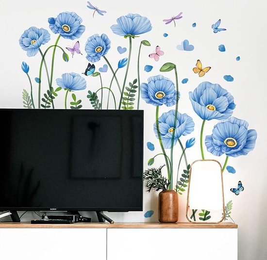 Muurtattoo wanddecoratie woonkamer bloemen vlinders blauw muursticker planten deco behang grote roos muursticker bloem wandafbeeldingen voor slaapkamer hal kantoor raamafbeeldingen