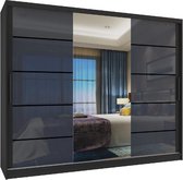 Kledingkast Zwart Antraciet Glanzend 235 cm met spiegel lades