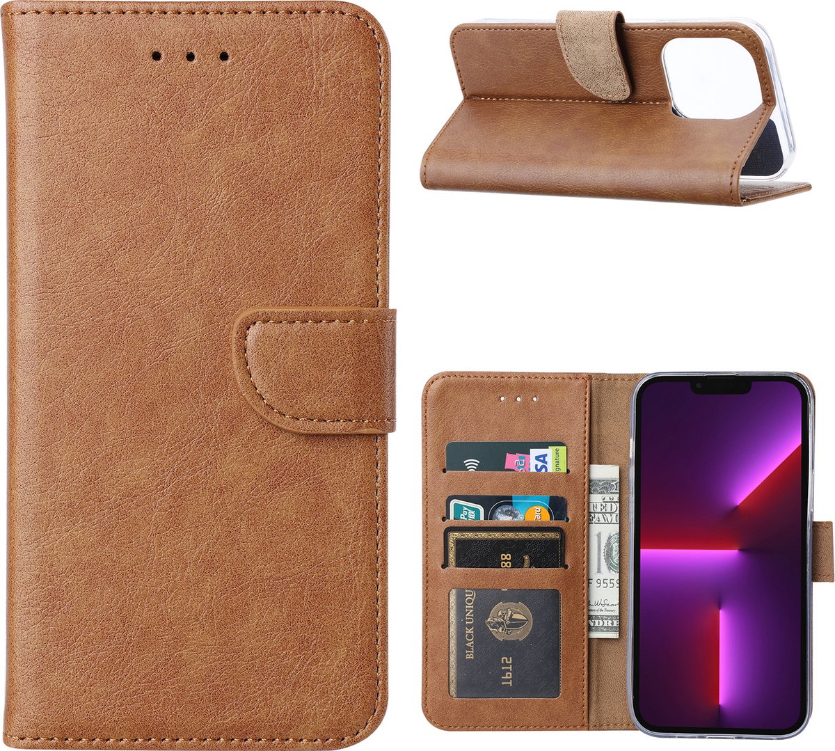 Phreeze Back Cover - Geschikt voor iPhone 15 Hoesje - Book Case - Bruin - Met Pasjes Houder - Vegan Leder - Magnetische Sluiting