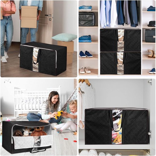 4 stuks extra grote opbergdozen met deksel, verpakkingsdoos voor verhuizing, grote zware sterke verhuiszakken met ritssluitingen, waterdichte opbergzakken voor kleding, reizen (zwart