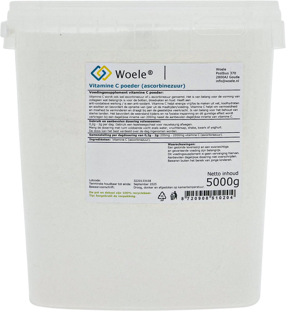 Woele Vitamine C poeder / ascorbinezuur 5kg (5000g)
