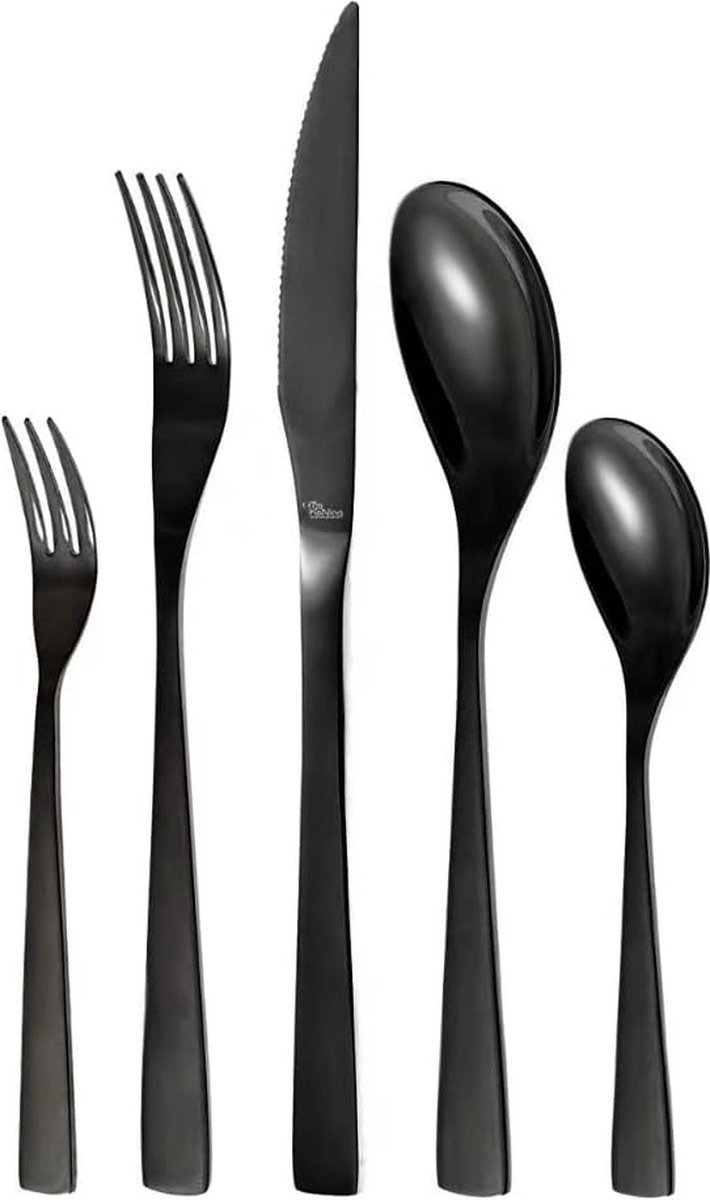 Berlin – Zwart bestekset 4 personen, eetbestek 20-delig verguld en glanzend gepolijst titanium, 4 mm dik, en biefstukmes. Een modern bestek voor 4 personen