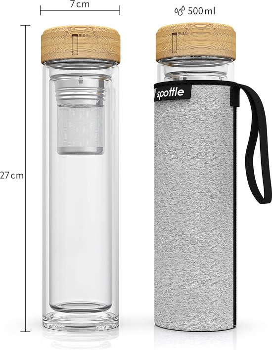 Waterfles van borosilicaatglas met filter, 1,5 l, theefles met zeef, lekvrij, BPA-vrij, herbruikbaar, voor dranken en sappen