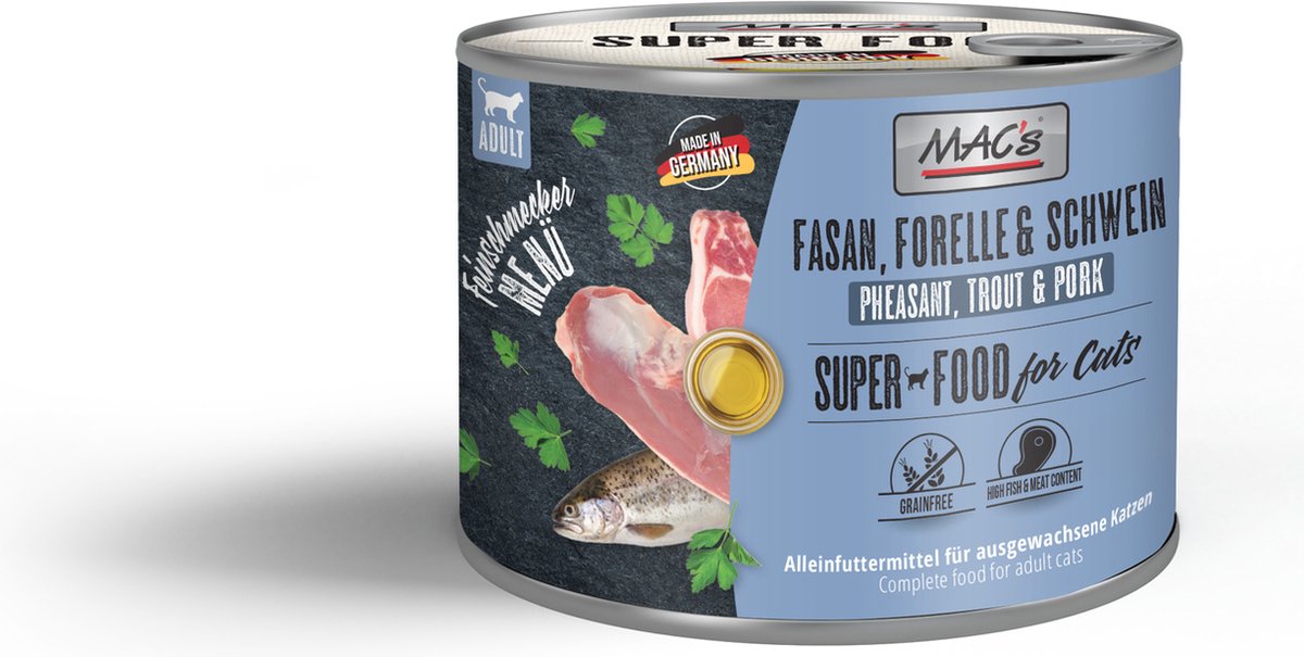 MACs MAC's Superfood Kattenvoer Fijnproever Natvoer Blik -Fazant, Forel & varkensvlees 6x 200g - hoog vers vleesgehalte 98,8%