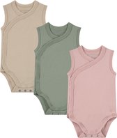 Bamboo Basics Izzy - Bamboe Baby Meegroei Overslagromper (Multipack 3 stuks) - Mouwloos - Zijdezacht - Ademend - Groen, Roze & Beige - 62