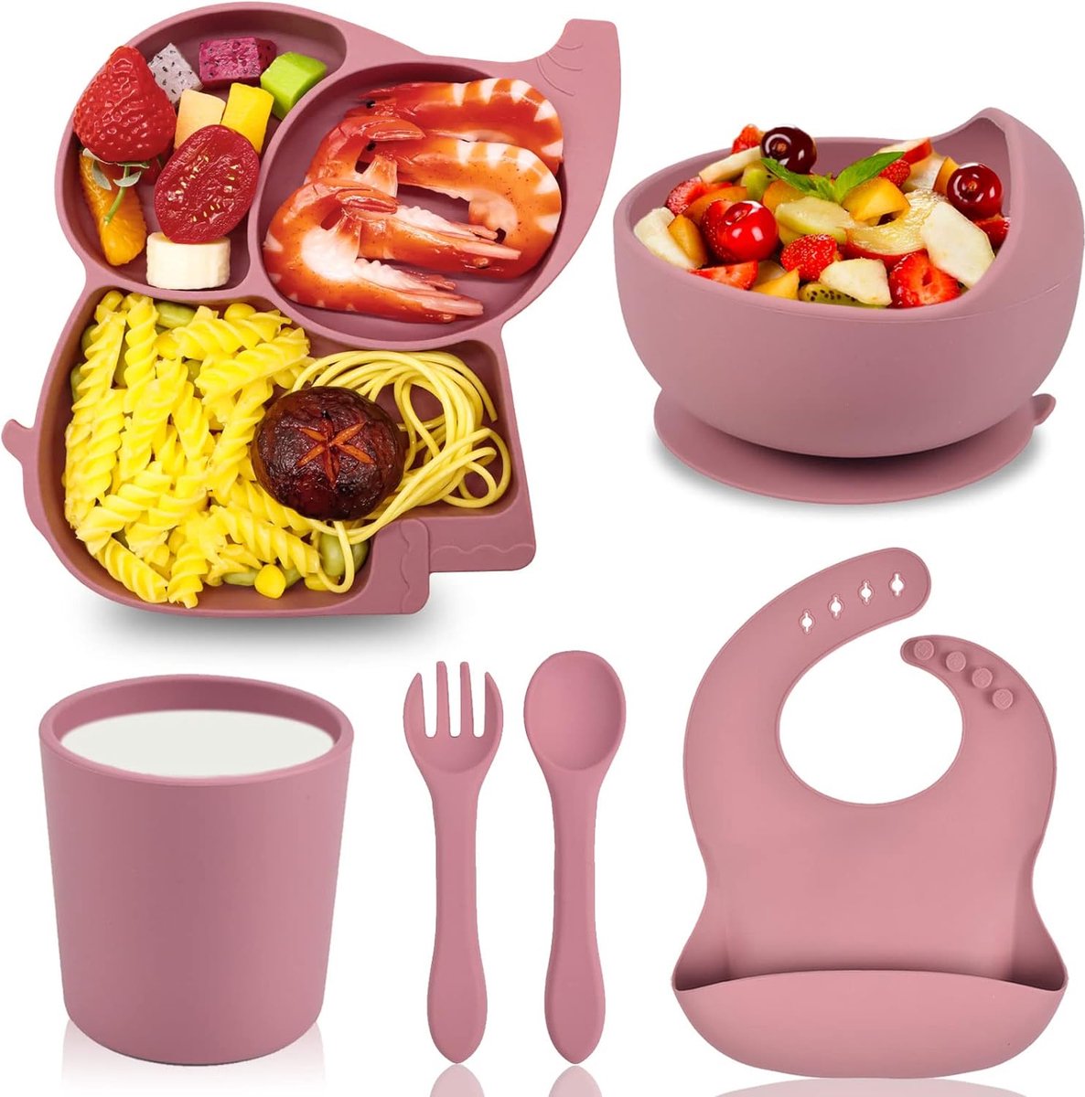 Goedkoopste Kinderserviesset 6 stuks babyserviesset siliconen kinderborden met zuignap, bord, kom, lepel, vork, slabbetje, bekers, BPA-vrij, antislip, babyetensets voor kleine kinderen, meisjes, roze