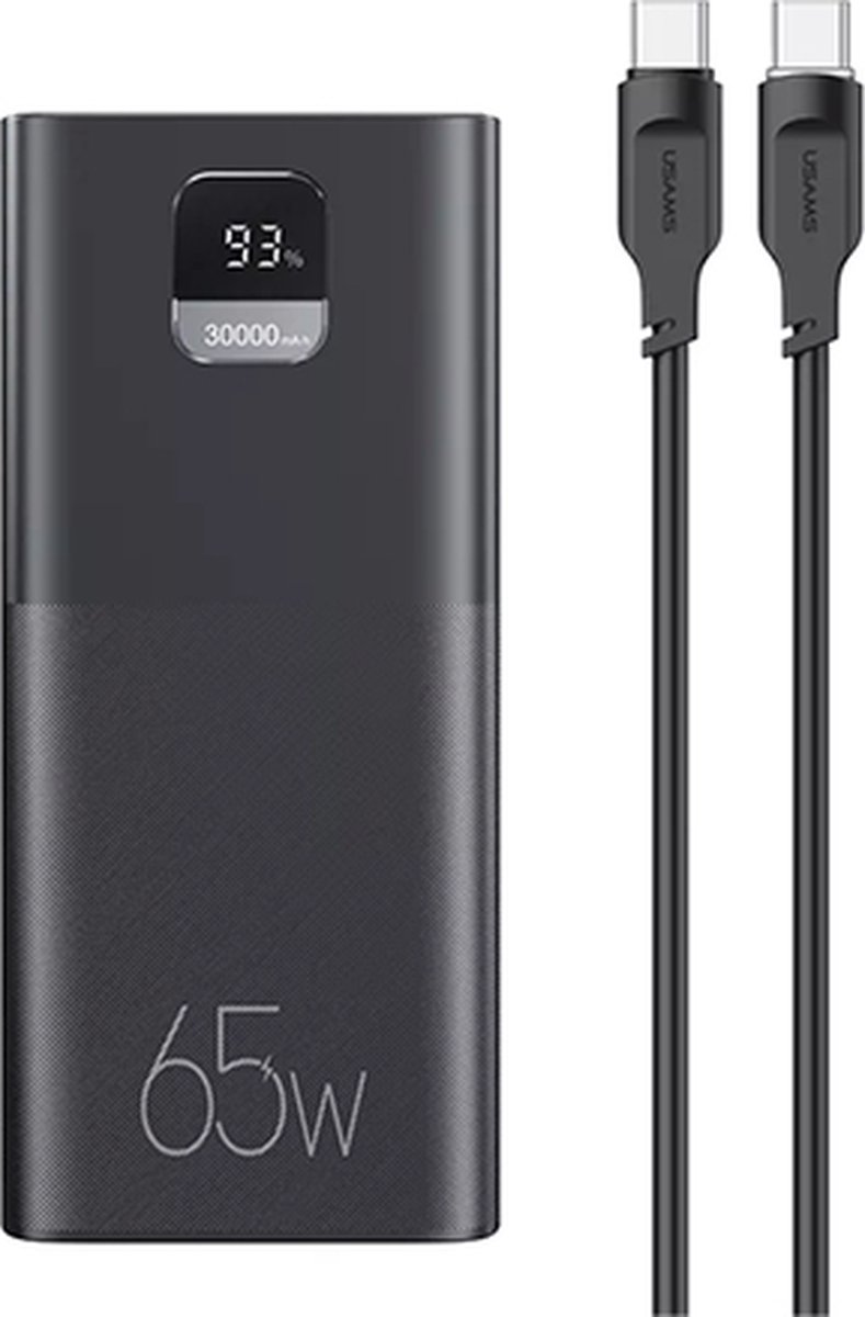 USAMS Powerbank – 30.000 mAh – 65W – Zwart – Snellader – Smartphone – Laptop – Tablet – Geschikt voor Apple iPhone – Geschikt voor Samsung – 3 aansluitingen – incl. USB-C naar USB-C oplaadkabel