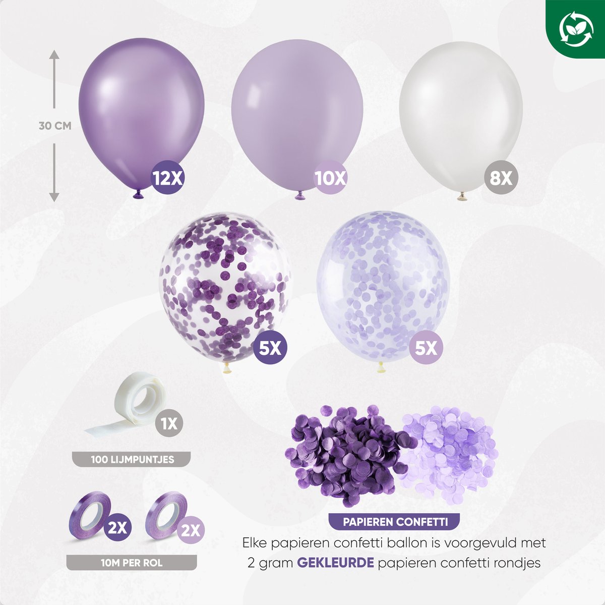 Fissaly 40 stuks Paars, Wit & Lila Helium Ballonnen met Lint – Verjaardag Versiering Decoratie – Papieren Confetti – Latex — afbeelding 2