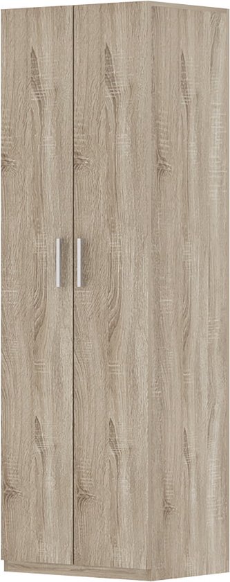 Houten kast met 2 deuren en metalen handgrepen.