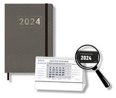 MGPcards - Agenda 2024 - A5 (21,5x15,5 cm) - Foliedruk - Week op 2 pagina's - Ruime Vakken - Antraciet Honingraat + Burokalender Zwart