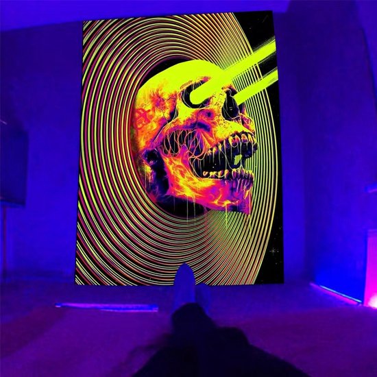 Decoratie Versiering - Ulticool - Skelet Skull - Glow in de Dark Tapestry Decoratie - Psychedelisch - Blacklight Party Wandkleed Achtergronddoek - 200x150 cm - Backdrop UV Lamp Reactive - Groot wandtapijt - Poster - Neon Fluor Verlichting