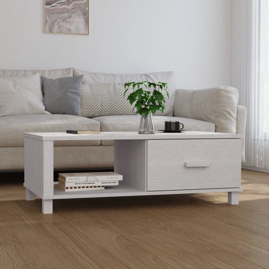 The Living Store HAMAR salontafel - 100x55x35 cm - wit grenenhout - met lade en vak