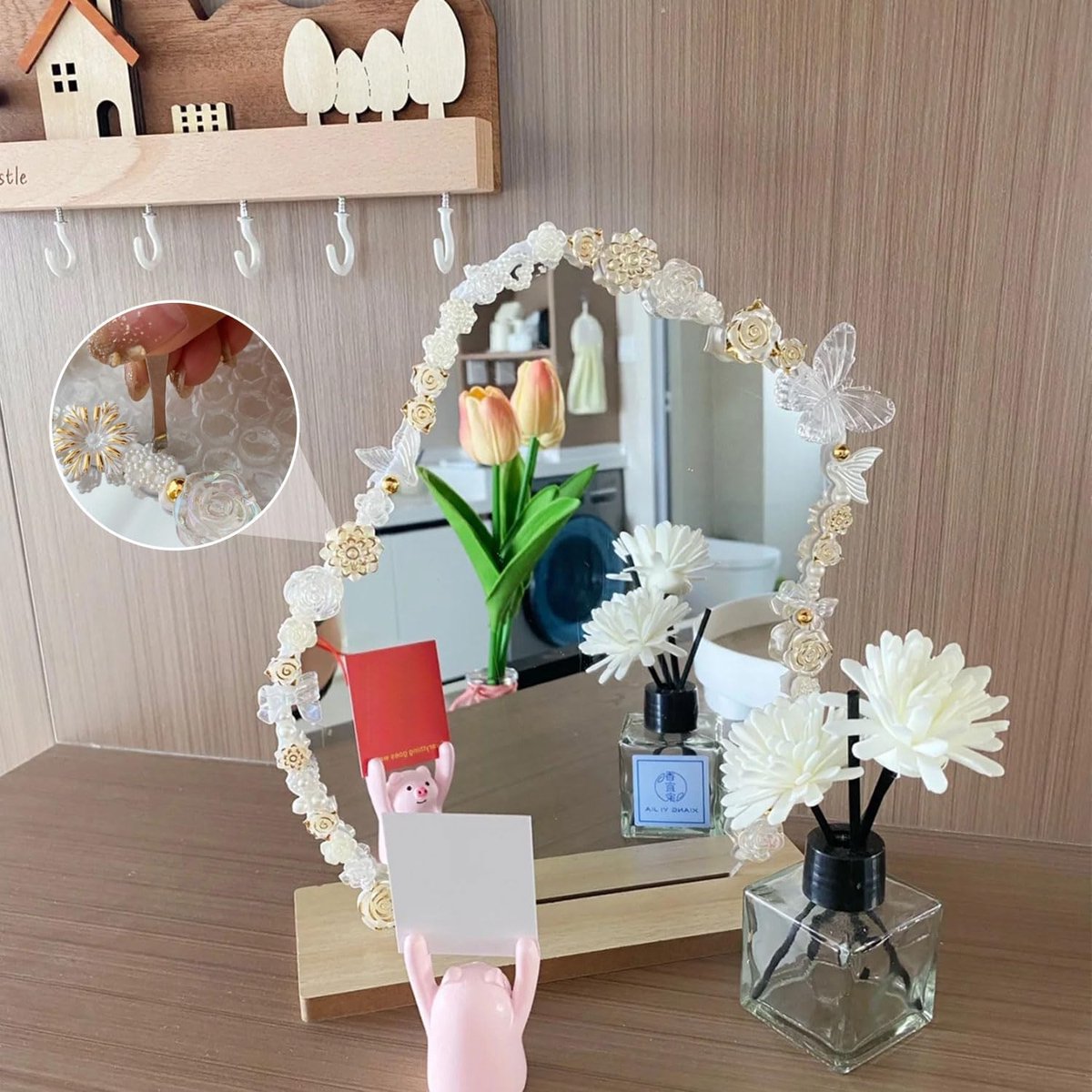 Miroir De Maquillage Acrylique Irrégulier 2 Pièces – Formes Nuage & Coton, Socle Bois, Ultra Élégant Pour Chambre, Salon Ou Hôtel