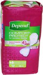 Doos 'Depend COMFORT-PROTECT MINI PADS'. Toont een incontinentieverband en 14 pads-icoon.