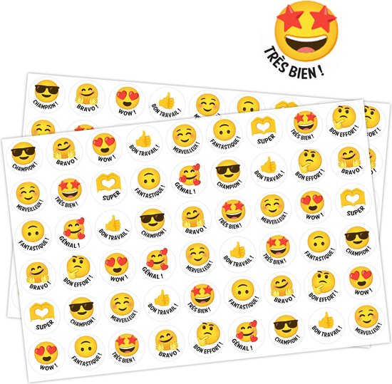 Franse Emoji Stickervellen - Emoji Stickers met Franse Teksten - Frans Leren - Voor thuis of voor op school bij Franse les - Franse Beloningsstickers - Schoolstickers Franstalig - Beloningsstickers Frans - Franse Stickers School - Cursus Frans