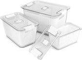 Vershouddozen set koelkast organizer voorraaddozen set van 3 (2L+4L+5,8L) kunststof met deksel en vergiet (wit)