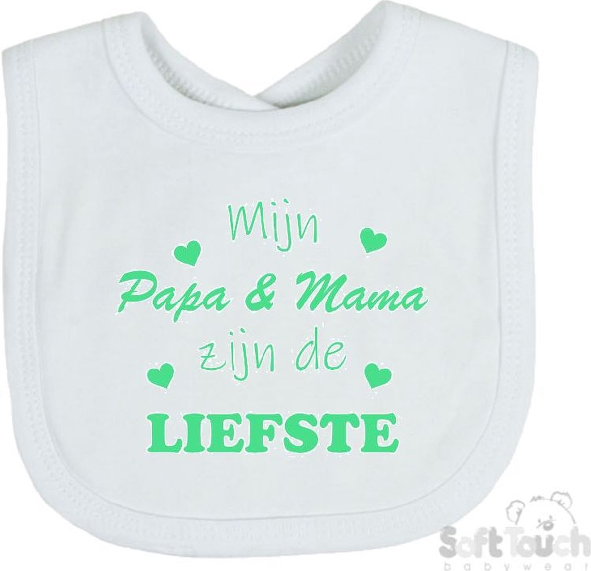 Goedkoopste Soft Touch Slabber Slabbetje Slab Mijn Papa & Mama zijn de liefste Unisex Katoen Wit/mint Maat 33x22 Cm