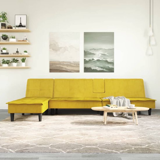 The Living Store L-vormige slaapbank - geel fluweel - inklapbare theetafel - 255 x 140 x 70cm - multifunctioneel - stevig frame