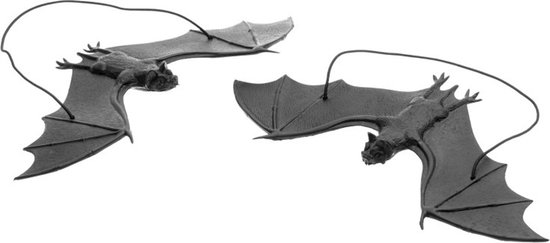 Chaks nep vleermuizen hangend - 23 cm - zwart - 2x stuks - griezel/horror thema decoratie dieren