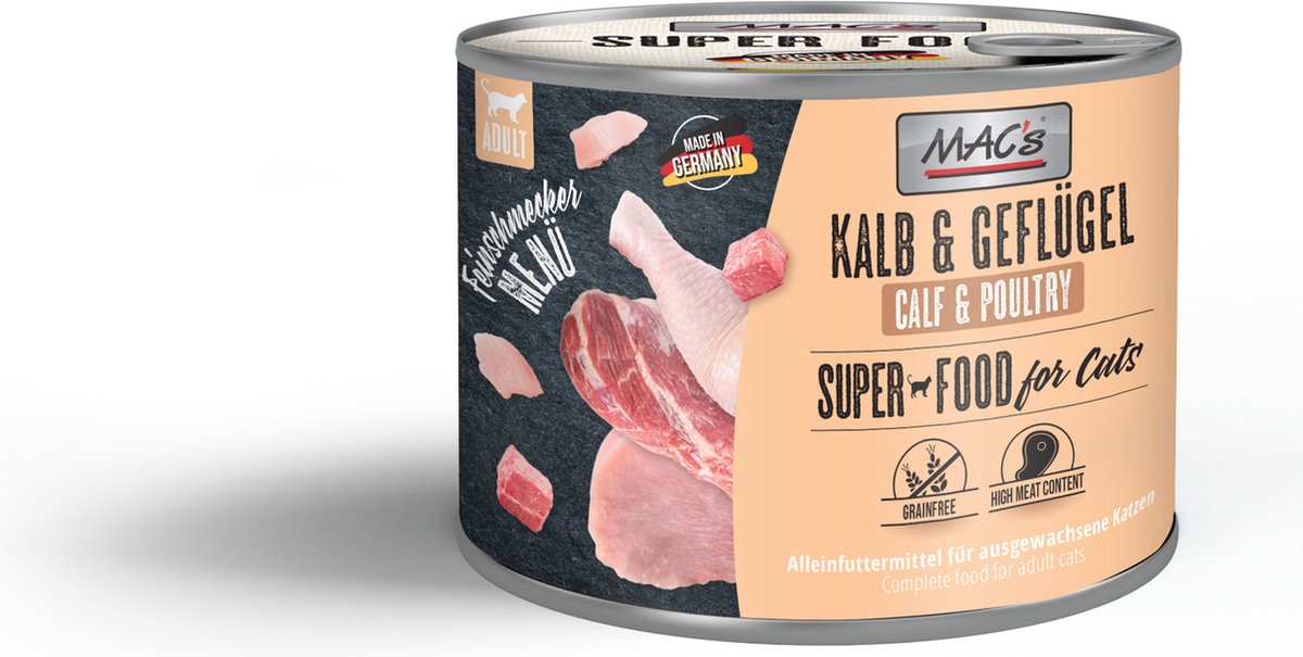 MACs MAC's Superfood Kattenvoer Fijnproever Natvoer Blik - Kalf & Gevogelte 6x 200g - vers vleesgehalte 99%