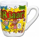 Mok - Bonbons - Hoera 18 jaar - Cartoon - In cadeauverpakking met gekleurd lint