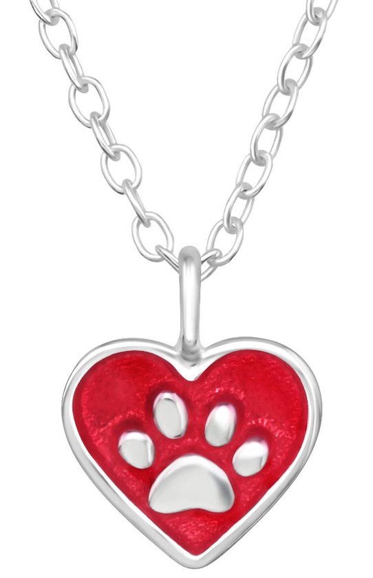 Joy|S - Zilveren hartje hanger met ketting - rood hartje met poot afdruk - dierenpoot - ketting: 39 cm met een extra oogje op 36 cm (verstelbaar) - voor kinderen