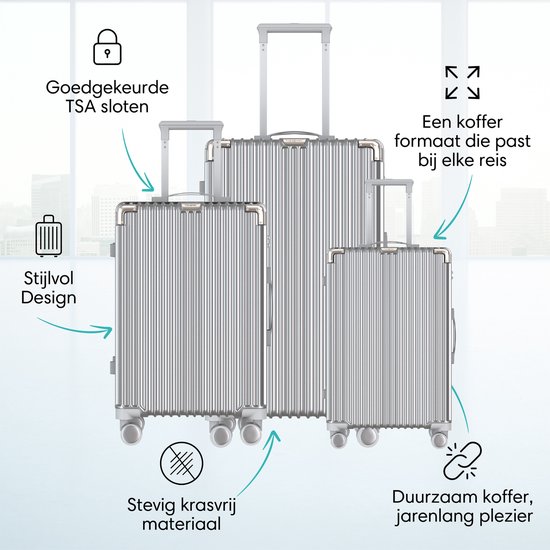 Stijlvol zilverkleurig ontwerp met TSA-slot, krasvrij materiaal en 3 maten.