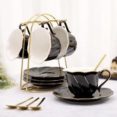 Zwarte set theekopjes en schoteltjes, 4-delige set (200 ml), luxe Britse theekopjesset met metalen standaard, moderne thee-/koffiekopjes met gouden rand, voor kamerdecoratie & theeparty, zwart